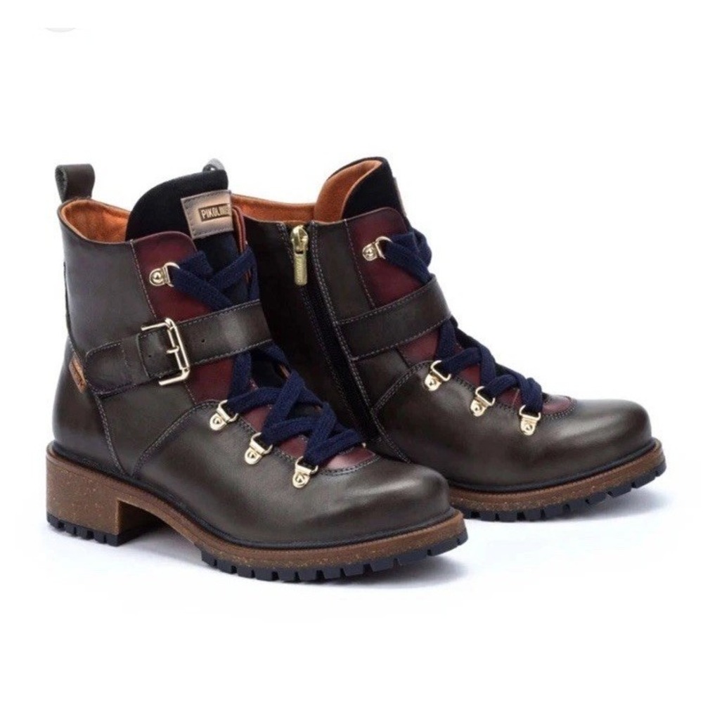 Pikolinos Aspe W9Z-8634C1 Leather Lace Up Side Zip Combat Boots Olmo Brown 37 7